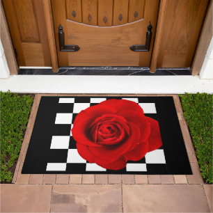 Red Rose on Black and White Checkered  Doormat