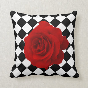 Red Rose on Black and White Diamond Pattern Throw Pillow