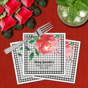 Red Rose on Black and White Gingham Bridal Shower Napkins
