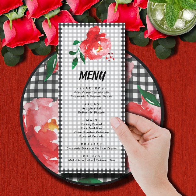 Red Rose on Black and White Gingham Check Derby Menu (Red rose on black and white gingham Derby part menu cards (plates sold separately))