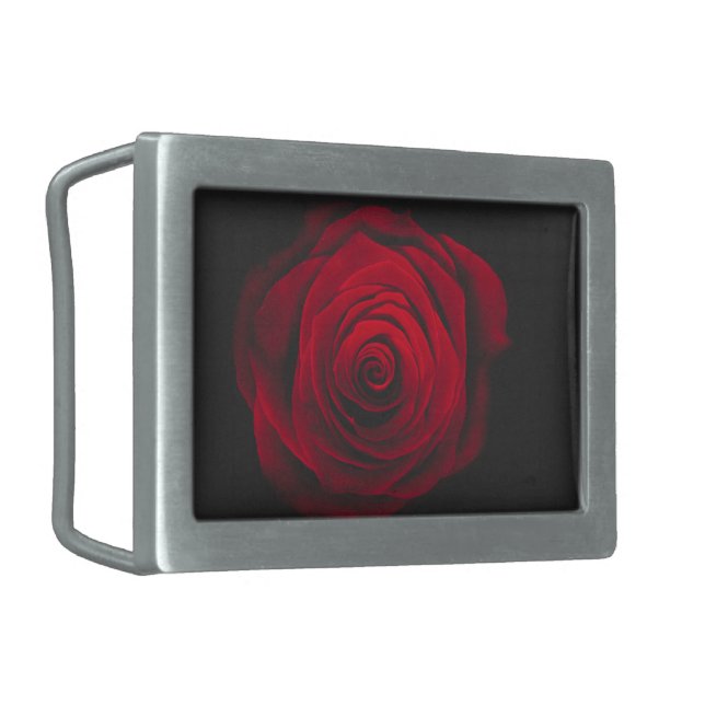 Red rose on black background vintage effect belt buckle (Front Left)