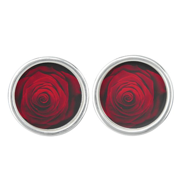 Red rose on black background vintage effect cufflinks (Front)