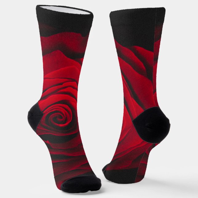 Red rose on black background vintage effect socks (Angled)