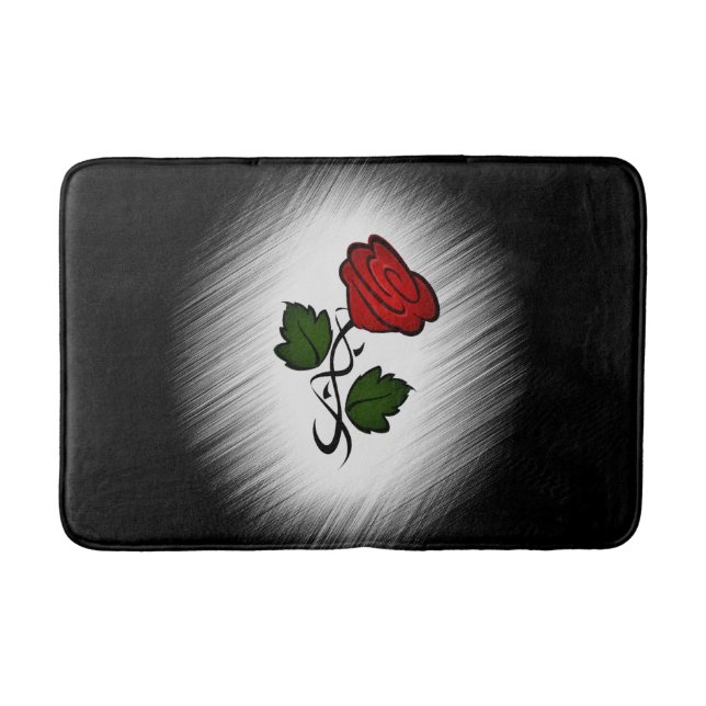 Red Rose on Black Bath Mat (Front)