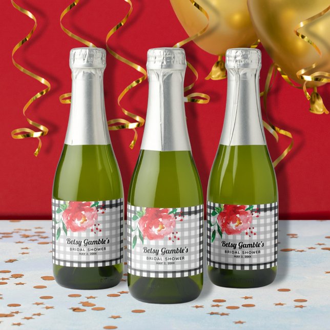 Red Rose on Black Check Mini Sparkling Wine Labels (Red rose on black and white gingham mini sparkling wine bottle labels)