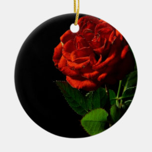 Red Rose on Black Floral Ceramic Ornament