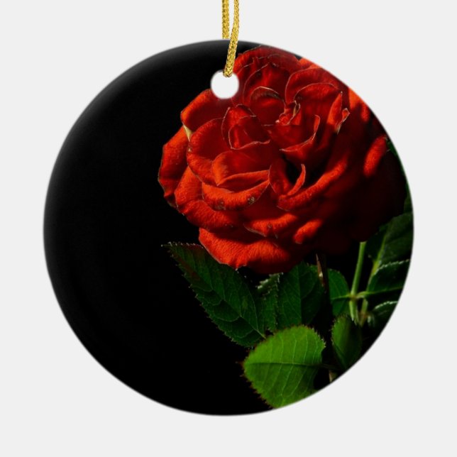 Red Rose on Black Floral Ceramic Ornament (Front)