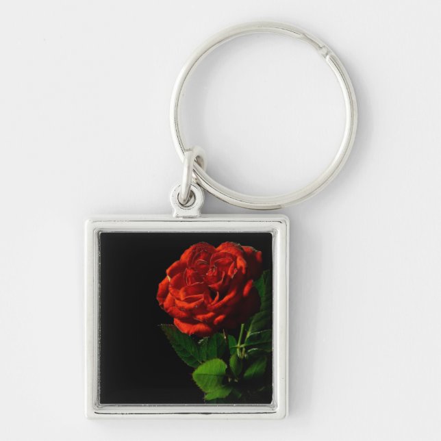 Red Rose on Black Floral Keychain (Front)