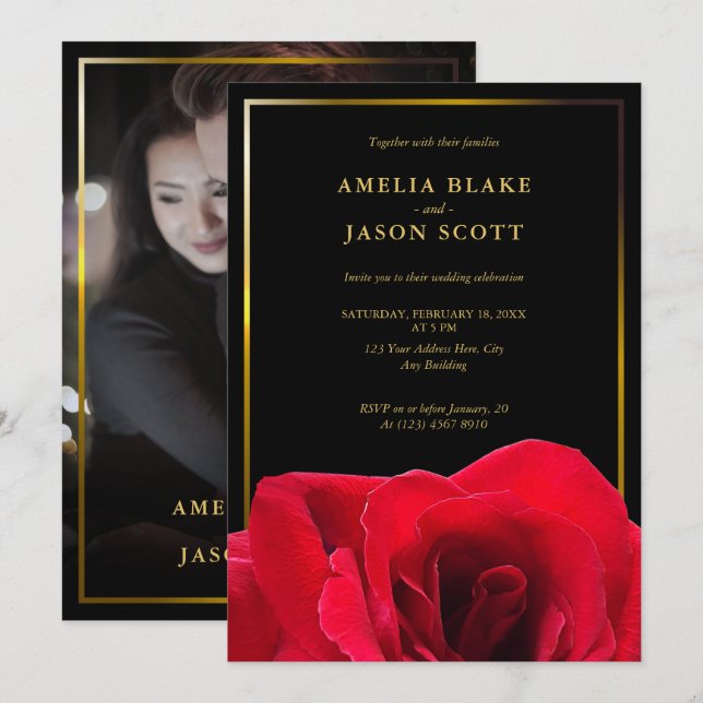 Red Rose on Black | Gold Frame with Photo Wedding Invitation (Front/Back)