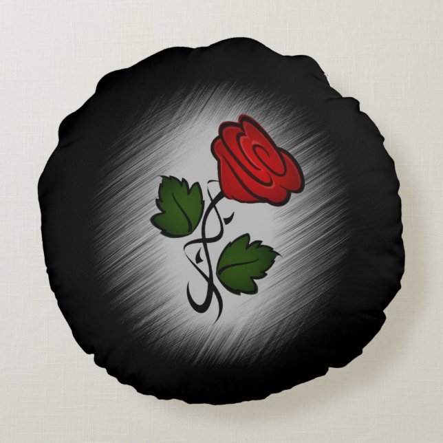 Red Rose on Black Round Pillow (Back)
