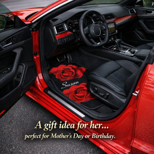  Red Rose on Black Set of 2 Car Floor Mat