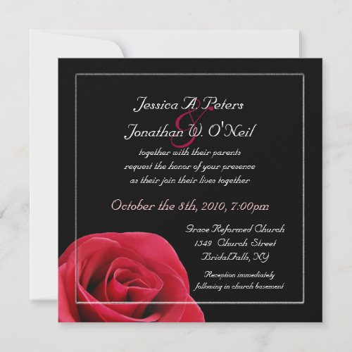 Red Rose on black wedding invitation