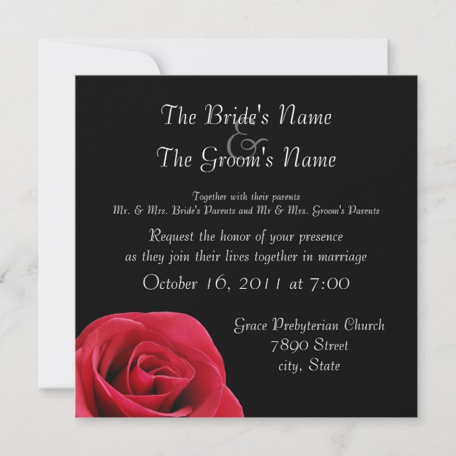 red rose on black wedding invitations (Front)