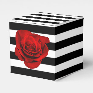 Red Rose on Black White Stripe Wedding Party Favor Boxes