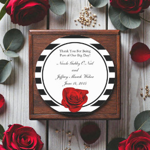 Red Rose on Black & White Stripes Wedding Classic Round Sticker