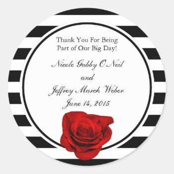 Red Rose On Black & White Stripes Wedding Classic Round Sticker by My_Wedding_Bliss at Zazzle