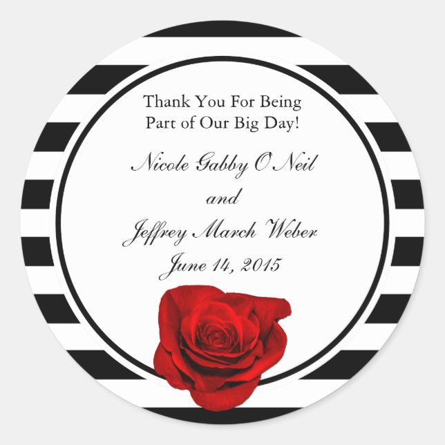 Red Rose on Black & White Stripes Wedding Classic Round Sticker (Front)