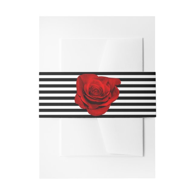 Red Rose on Black & White Stripes Wedding Invitation Belly Band (Front Example)