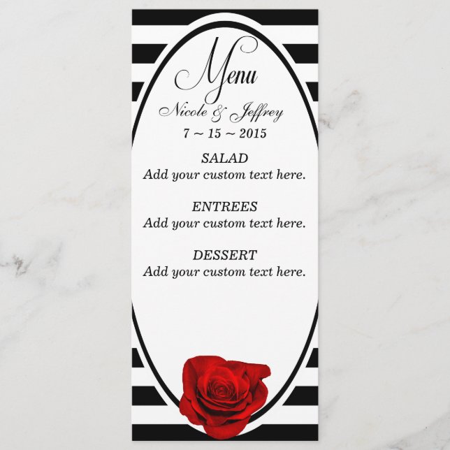 Red Rose on Black & White Stripes Wedding Menu (Front)