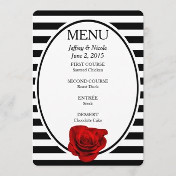 Red Rose On Black & White Stripes Wedding Menu by My_Wedding_Bliss at Zazzle