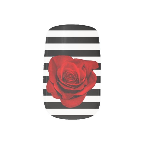 Red Rose on Black  White Stripes Wedding Nail Art