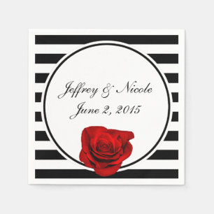 Red Rose on Black & White Stripes Wedding Paper Napkins