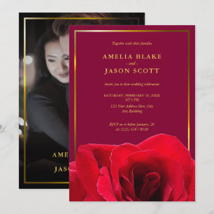 Red Rose on Deep Pink Gold Frame Photo Wedding Invitation