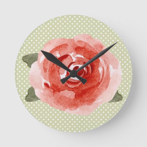 Red Rose on Lime and White Polka Dots Round Clock