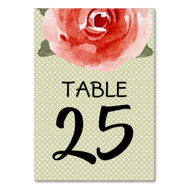 Red Rose on Lime Derby Table Number (Front)