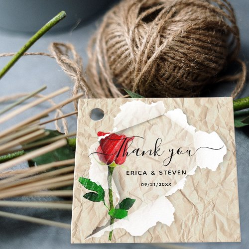 Red Rose On Old Torn Crumpled Paper Thank You Favor Tags