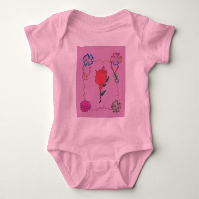 Red Rose on Pink: Floral Border Art Print/Graphic Baby Bodysuit (Front)