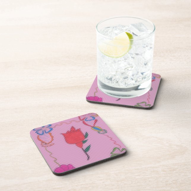 Red Rose on Pink: Floral Border Art Print/ Graphic Beverage Coaster (Right Side)