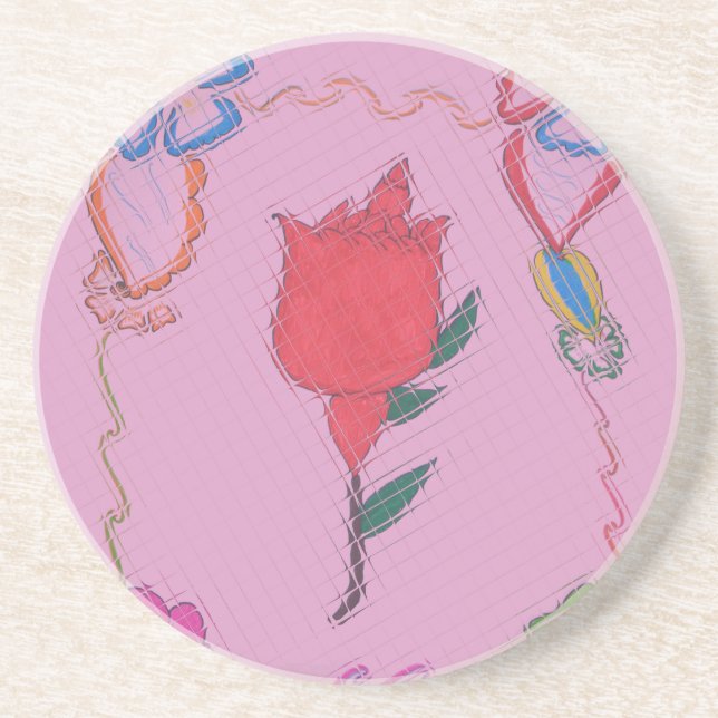 Red Rose on Pink: Floral Border Art Print/Graphic Drink Coaster (Front)