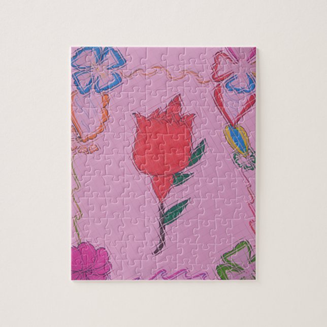 Red Rose on Pink: Floral Border Art Print/ Graphic Jigsaw Puzzle (Vertical)