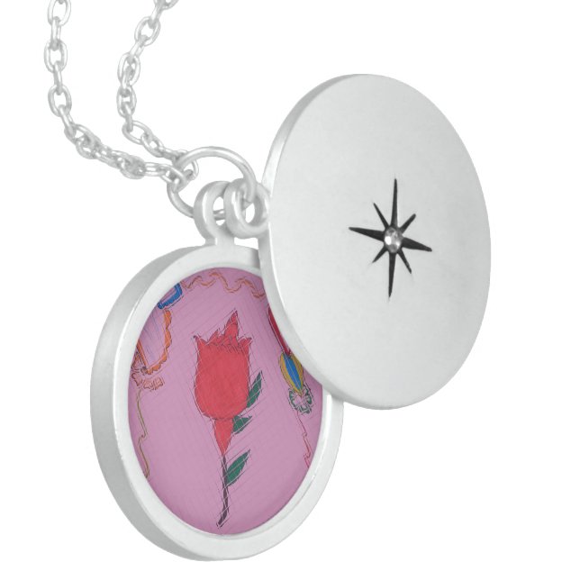 Red Rose on Pink: Floral Border Art Print/Graphic Locket Necklace (Front Left)