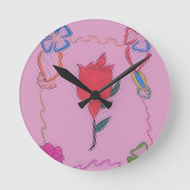 Red Rose on Pink: Floral Border Art Print/Graphic Round Clock (Front)