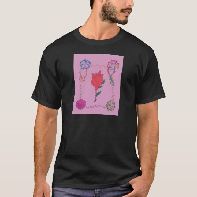 Red Rose on Pink: Floral Border Art Print/Graphic T-Shirt (Front)