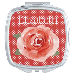 Red Rose on Red & White Polka Dots Compact Mirror