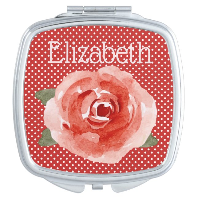 Red Rose on Red & White Polka Dots Compact Mirror (Front)