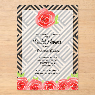 Red Rose on Stripes Bridal Shower Acrylic Invitations
