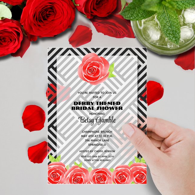 Red Rose on Stripes Derby Bridal Shower Acrylic Invitations (Red roses on boxed black stripes Derby-themed bridal shower clear acrylic invitations)