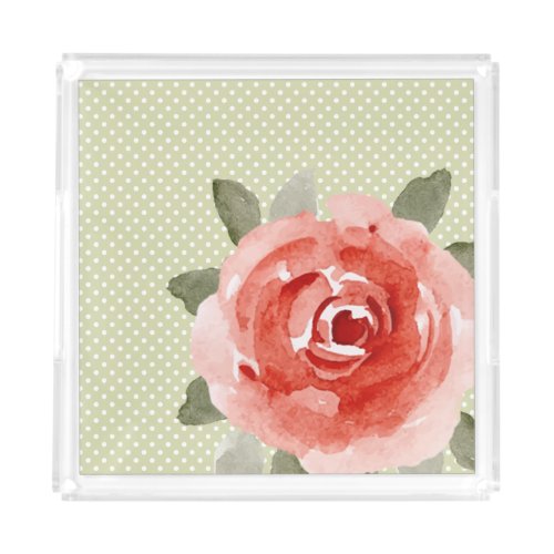 Red Rose on White and Lime Dots Acrylic Tray