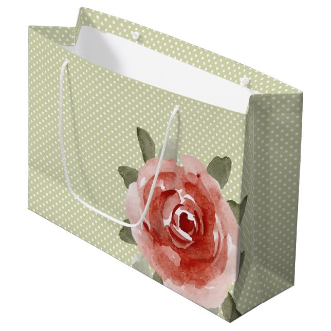 Red Rose on White and Lime Dots LARGE Gift Bags (Front Angled)
