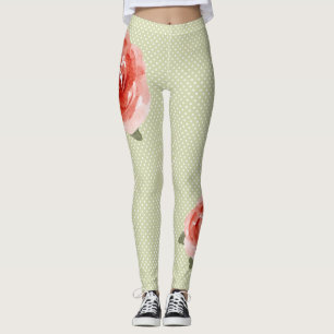 Red Rose on White and Lime Dots Leggings