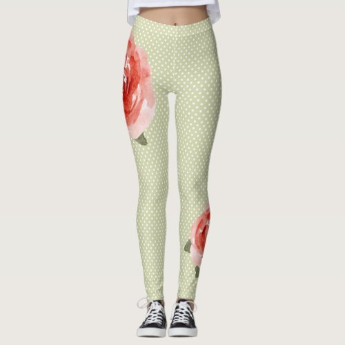 Red Rose on White and Lime Dots Leggings