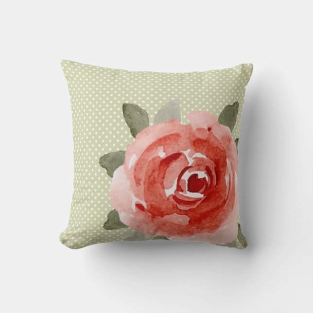 Red Rose on White and Lime Dots Throw Pillow (Front)