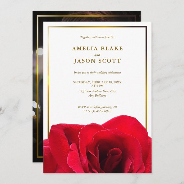 Red Rose on White | Gold Frame with Photo Wedding Invitation (Front/Back)
