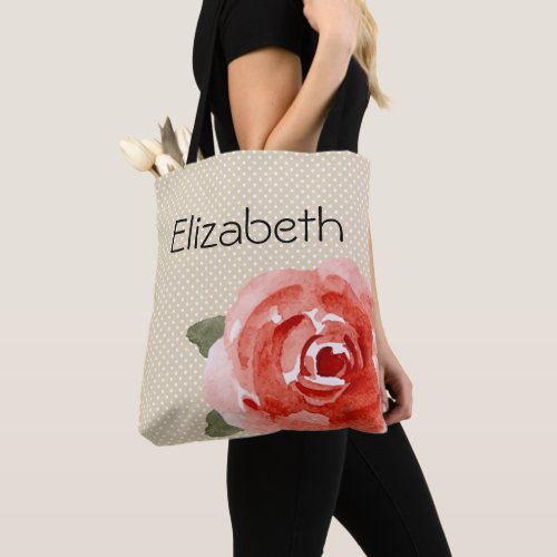 Red Rose on White  Ivory Polka Dots Tote Bag