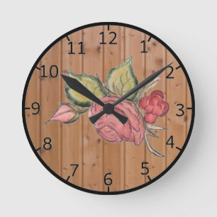 Red Rose On Wooden Background Round Clock