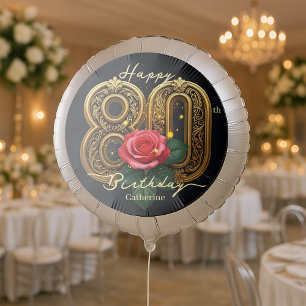 Red Rose Ornate Gold Filigree Number 80th Birthday Balloon
